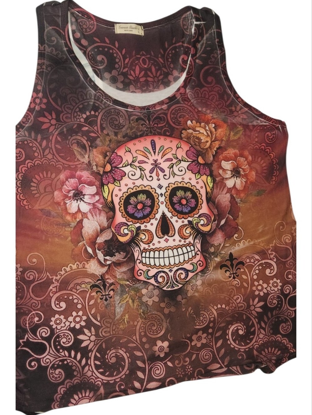 Sugar Skull Floral Graphic Tank Top - Brown & Pink